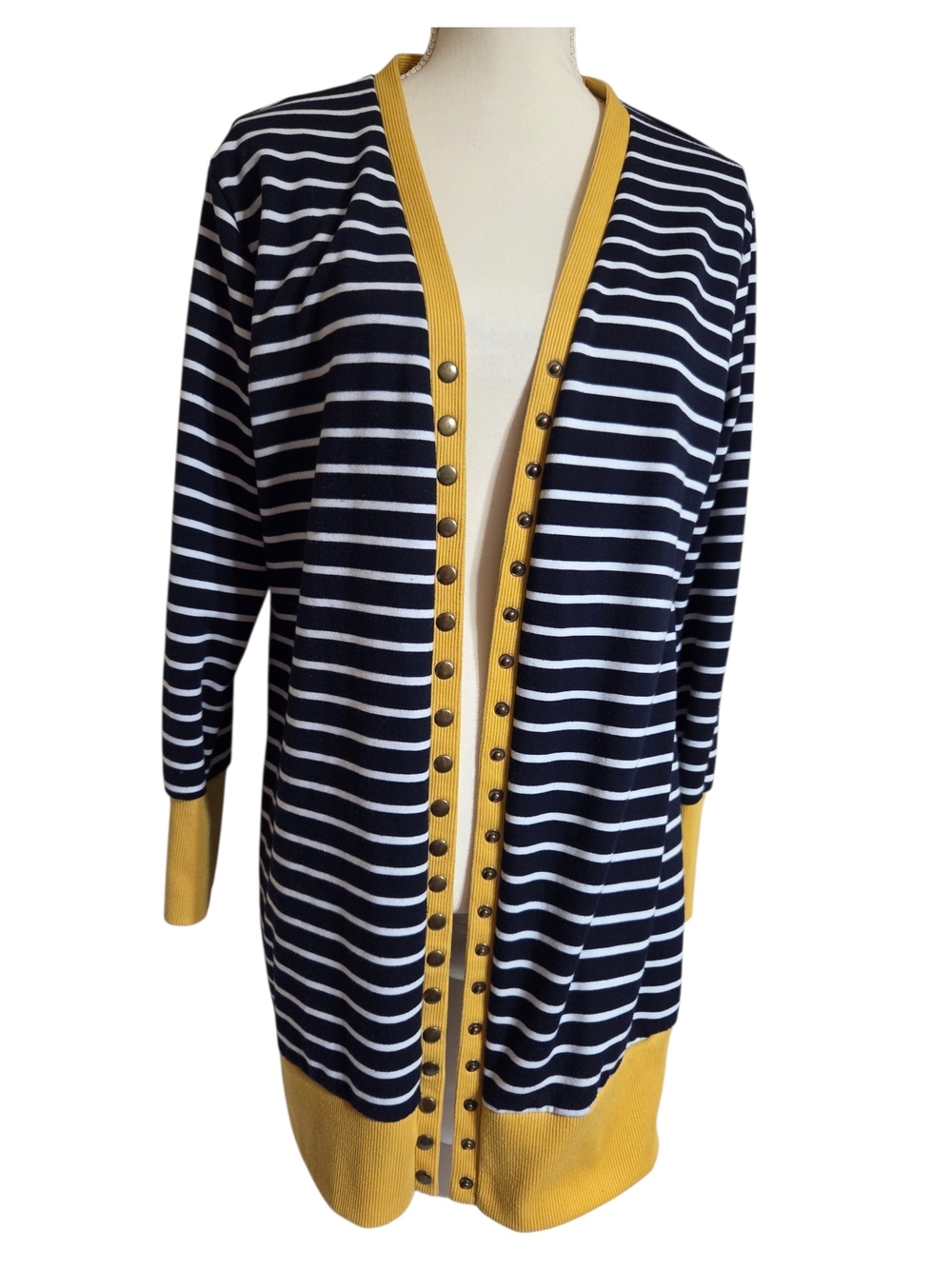 Richcoco Navy and White Striped Cardigan with Mustard Trim
